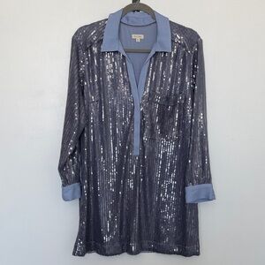 Anthropologie Pilcro Sequin Tunic Dress in Dusty Blue with Satin Blue Trim